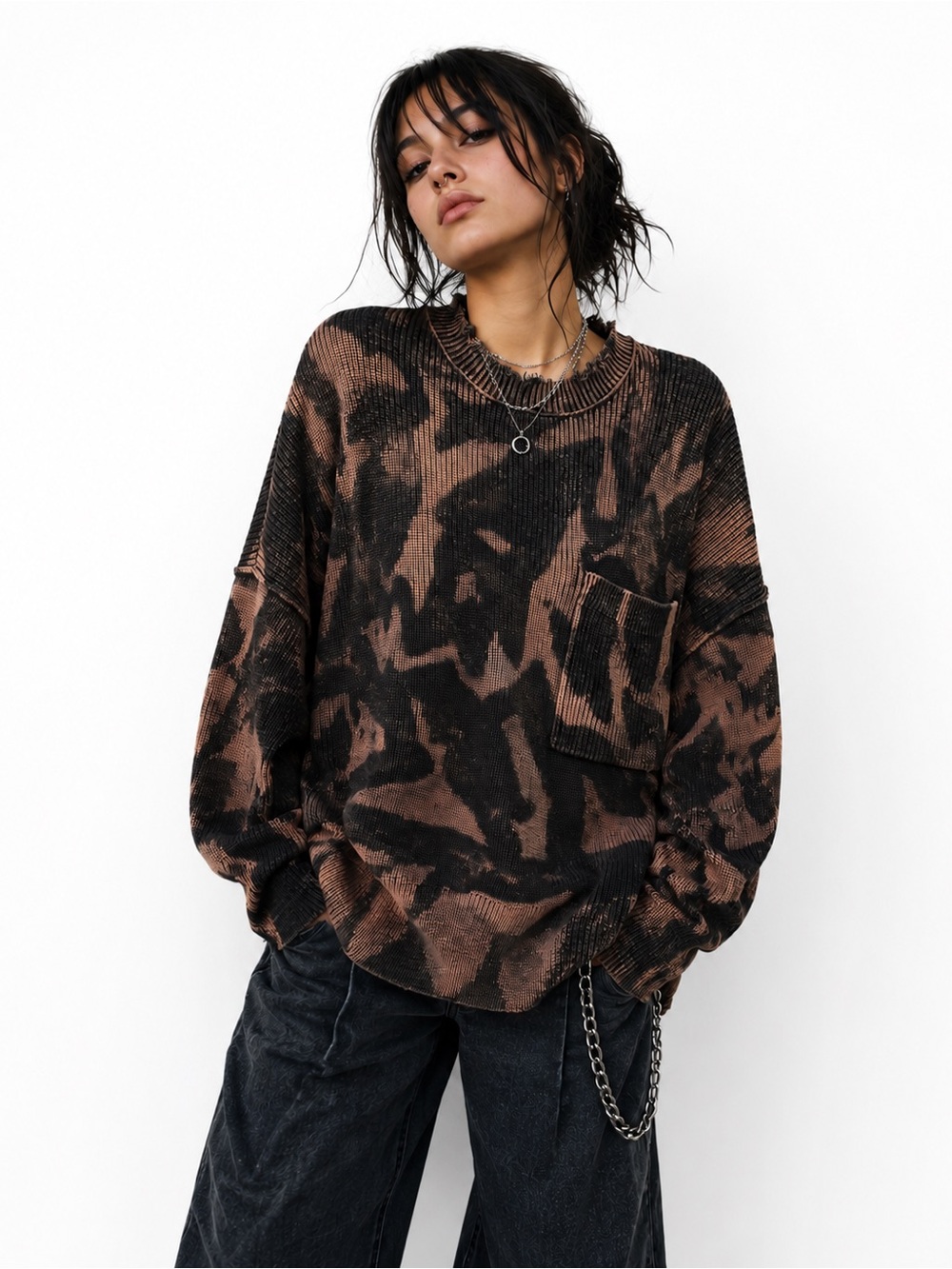PISTOLA Darya Oversized Distressed Acid Dye Ribbed Knit Sweater Large